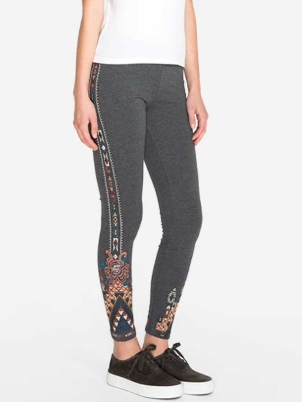 Johnny Was JW Los Angeles Nala Embroidered Leggings Stretch Cotton Pull On Grey